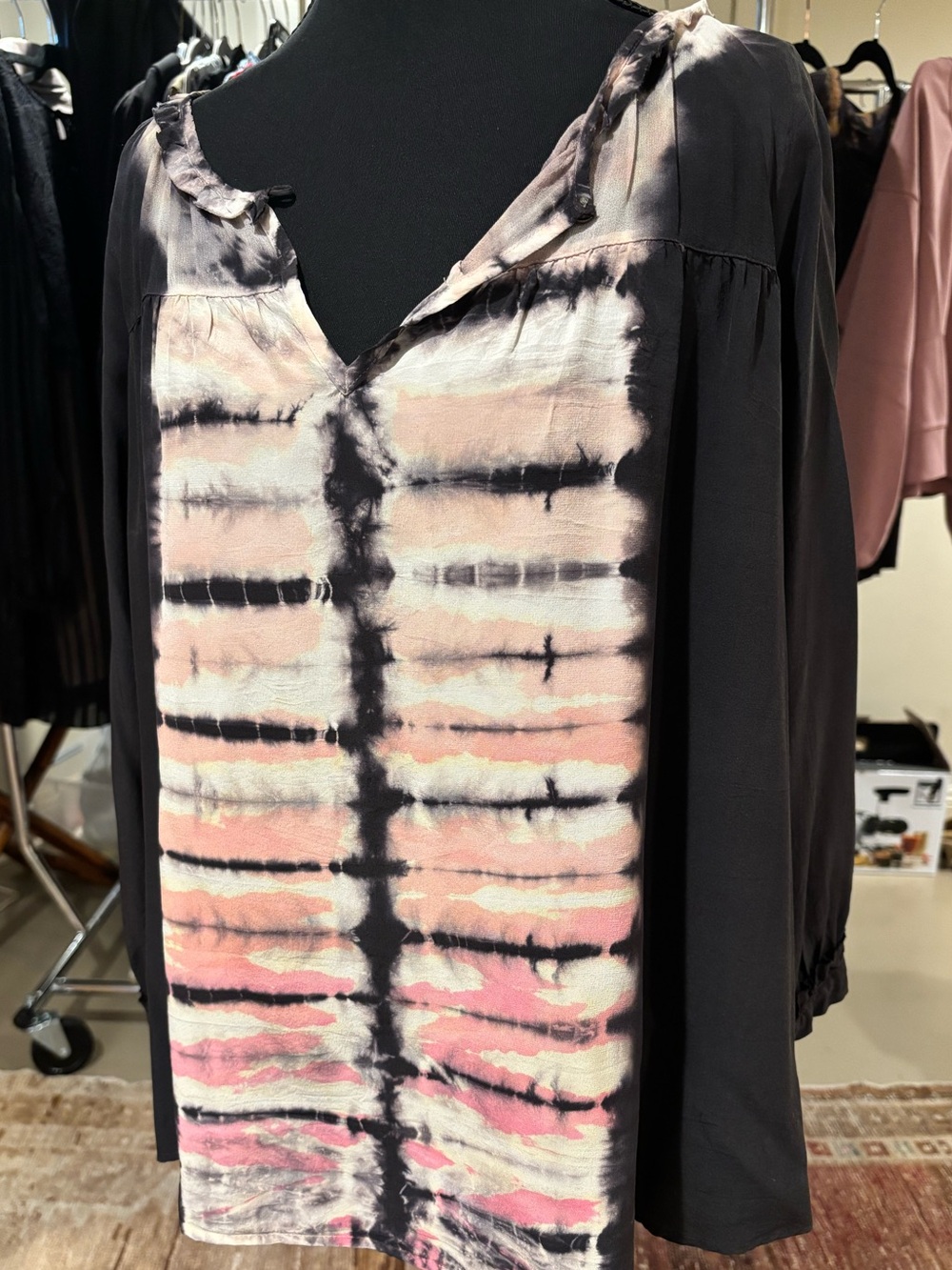 Gypsy 05 Pink and Gray Silk Tie-Dye V-Neck/Key Hole Tunic